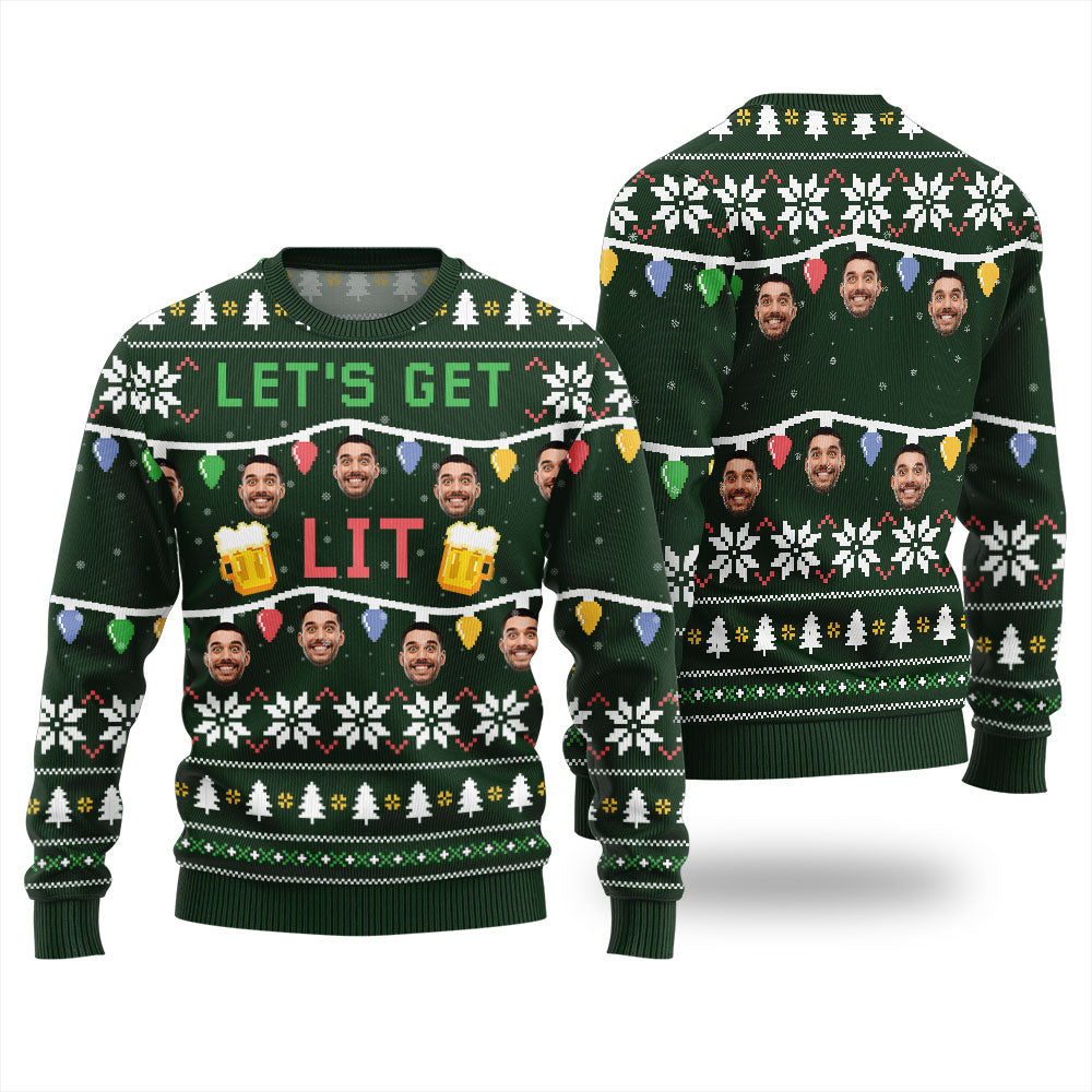 Custom Face Let Get Lit Funny Beer Ugly Christmas Sweater