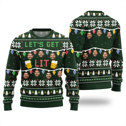 Custom Face Let Get Lit Funny Beer Ugly Christmas Sweater