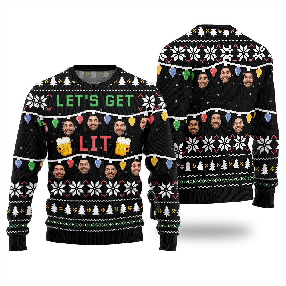 Custom Face Let Get Lit Funny Beer Ugly Christmas Sweater