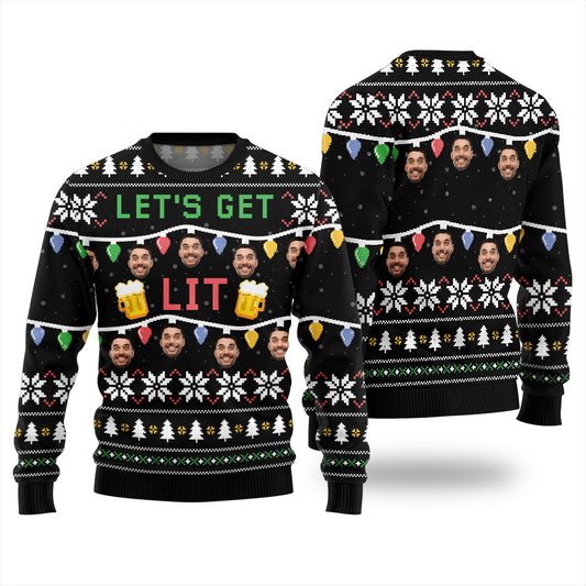 Custom Face Let Get Lit Funny Beer Ugly Christmas Sweater