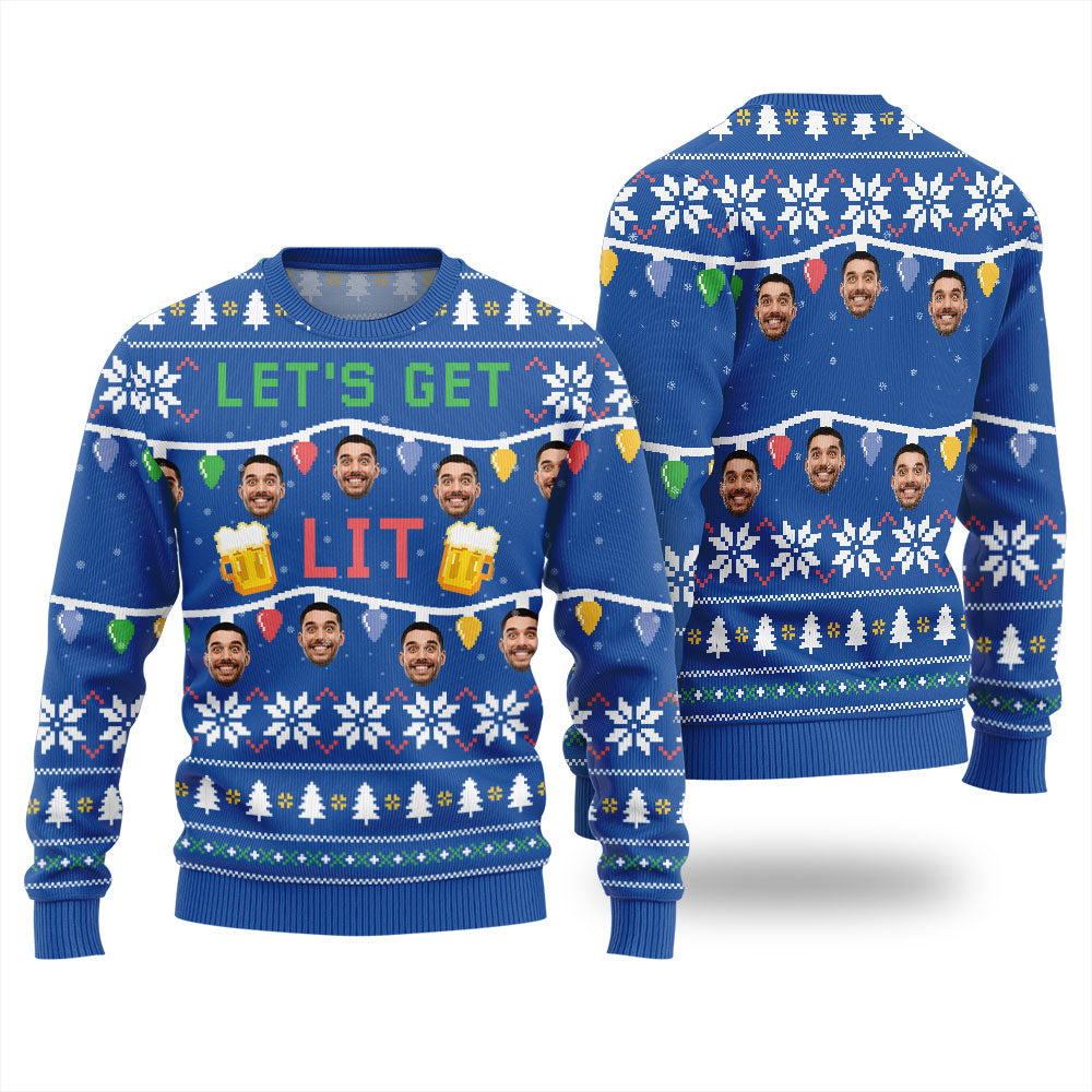 Custom Face Let Get Lit Funny Beer Ugly Christmas Sweater