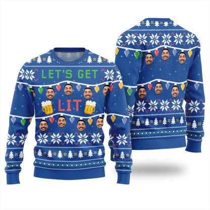 Custom Face Let Get Lit Funny Beer Ugly Christmas Sweater