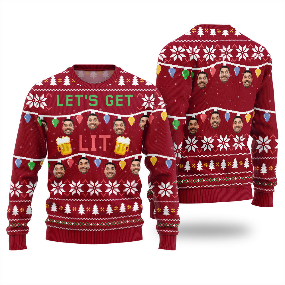 Custom Face Let Get Lit Funny Beer Ugly Christmas Sweater
