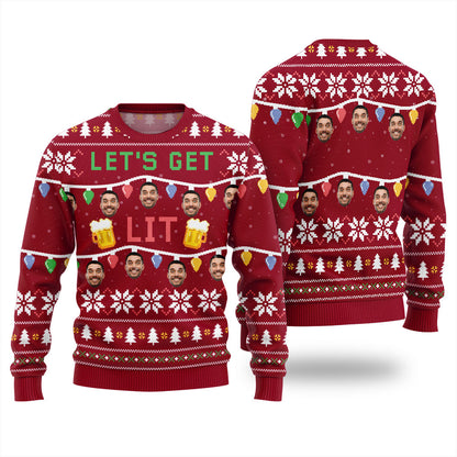 Custom Face Let Get Lit Funny Beer Ugly Christmas Sweater