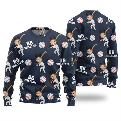 Custom Face Name And Number Baseball Xmas Sweater