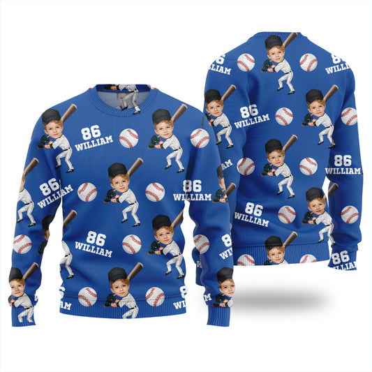 Custom Face Name And Number Baseball Xmas Sweater