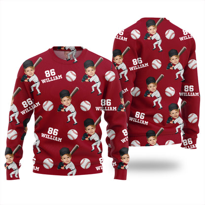 Custom Face Name And Number Baseball Xmas Sweater