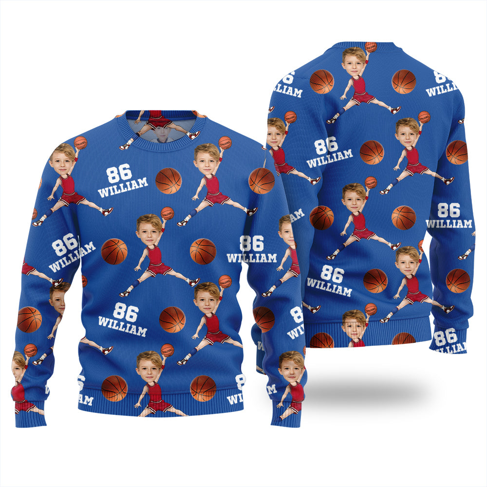 Custom Face Name And Number Basketball Xmas Sweater