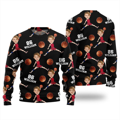 Custom Face Name And Number Basketball Xmas Sweater