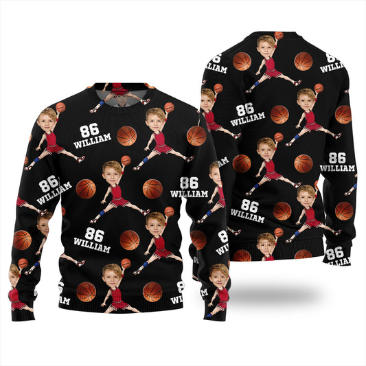 Custom Face Name And Number Basketball Xmas Sweater