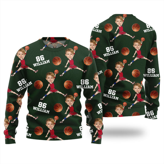 Custom Face Name And Number Basketball Xmas Sweater