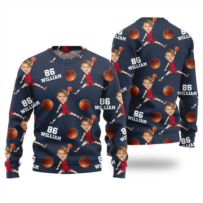 Custom Face Name And Number Basketball Xmas Sweater
