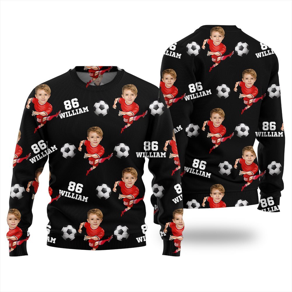 Custom Face Name And Number Soccer Xmas Sweater