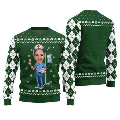 Custom Face Nurse Ugly Christmas Sweater Green