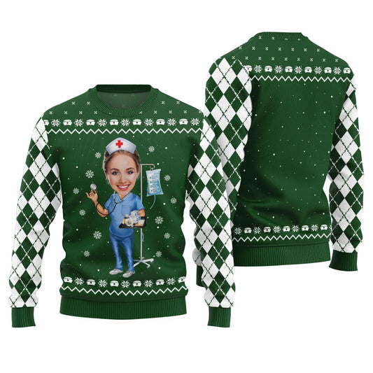 Custom Face Nurse Ugly Christmas Sweater Green