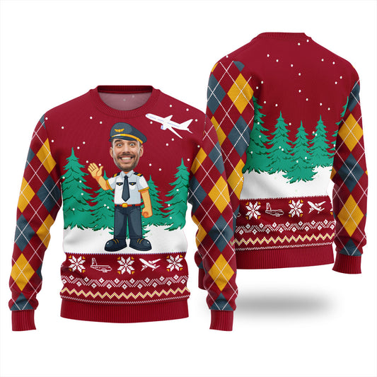 Funny Custom Face Pilot Ugly Christmas Sweater Red