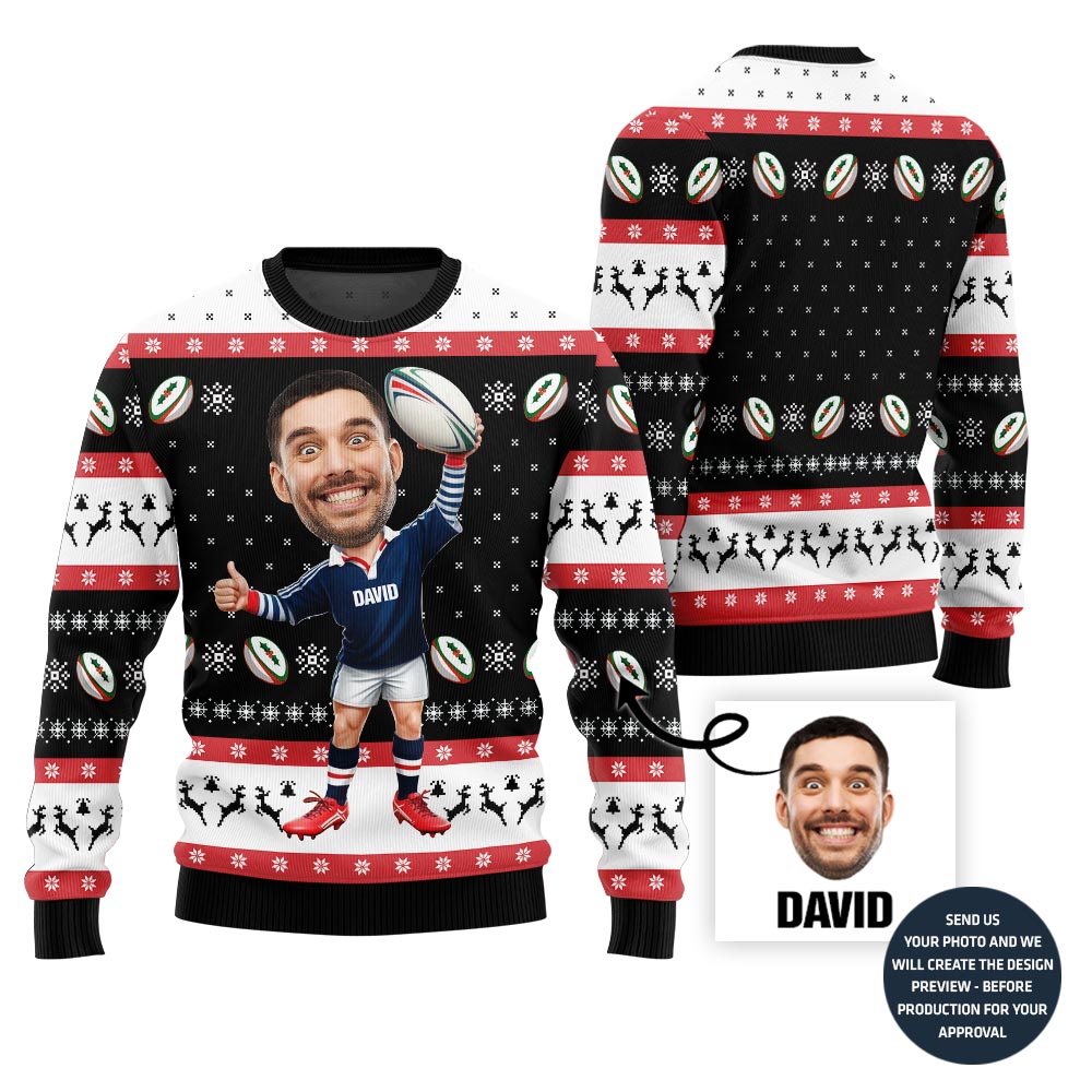 Custom Face Rugby Player Ugly Christmas Sweater