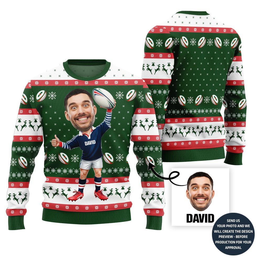 Custom Face Rugby Player Ugly Christmas Sweater
