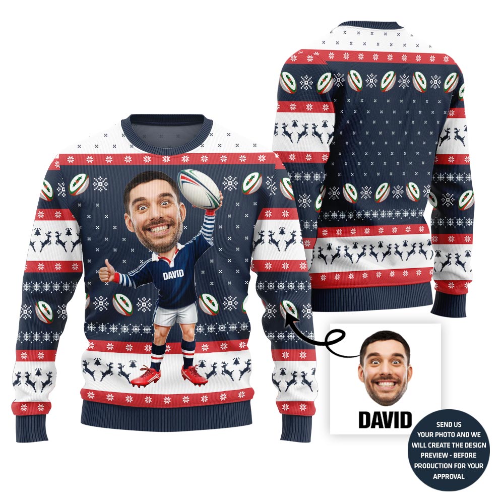 Custom Face Rugby Player Ugly Christmas Sweater