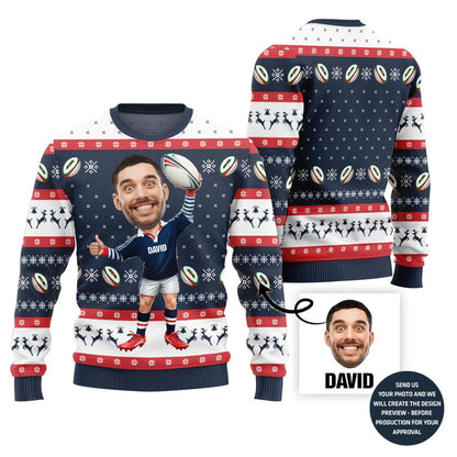 Custom Face Rugby Player Ugly Christmas Sweater