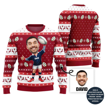 Custom Face Rugby Player Ugly Christmas Sweater