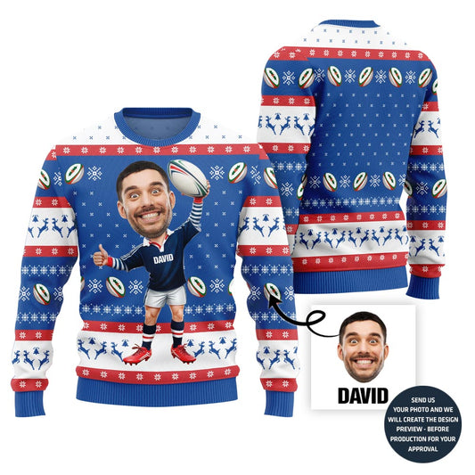 Custom Face Rugby Player Ugly Christmas Sweater