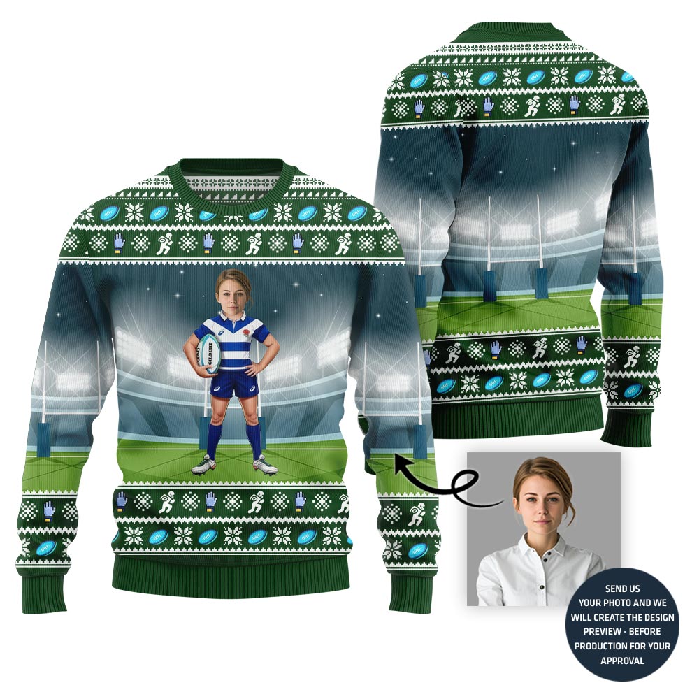 Custom Face Rugby Player Ugly Holiday Sweater