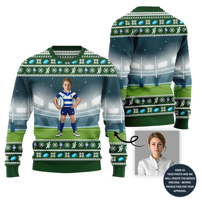 Custom Face Rugby Player Ugly Holiday Sweater