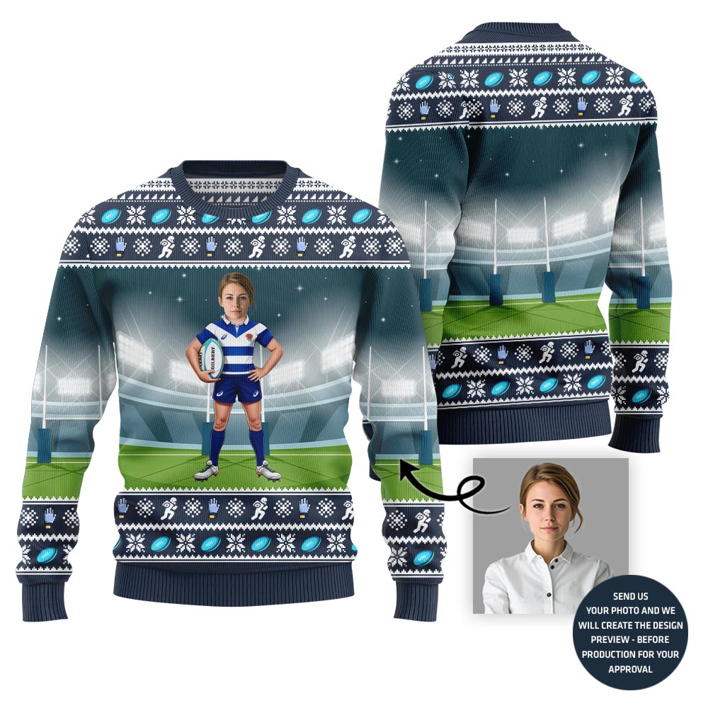 Custom Face Rugby Player Ugly Holiday Sweater