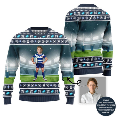 Custom Face Rugby Player Ugly Holiday Sweater