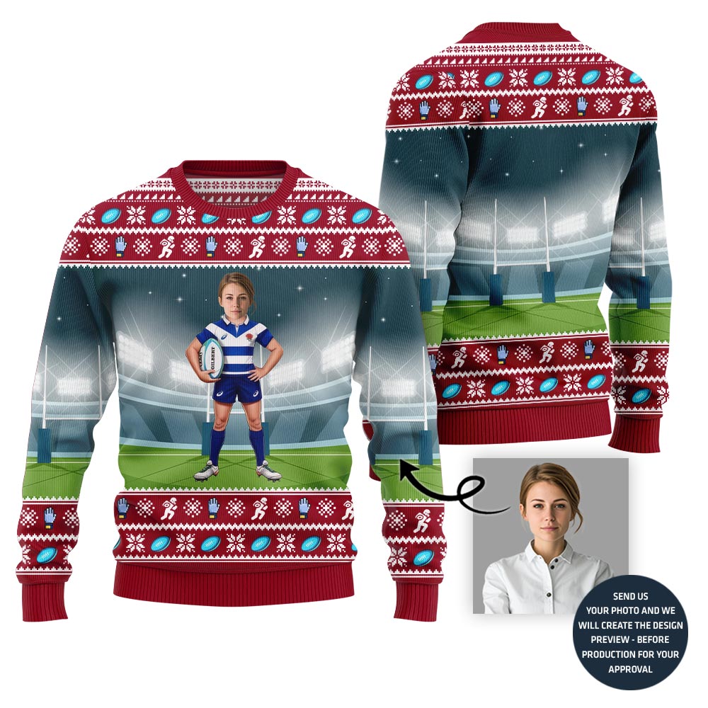 Custom Face Rugby Player Ugly Holiday Sweater