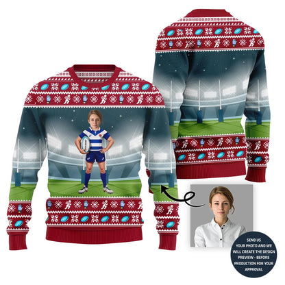 Custom Face Rugby Player Ugly Holiday Sweater