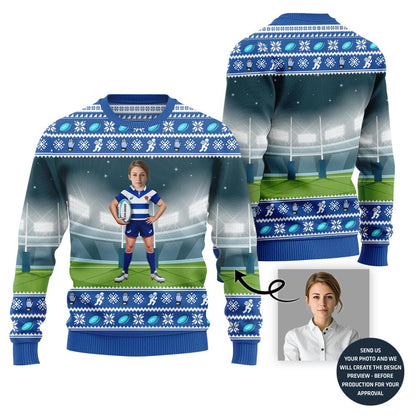 Custom Face Rugby Player Ugly Holiday Sweater