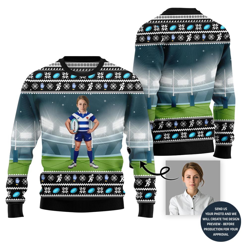 Custom Face Rugby Player Ugly Holiday Sweater