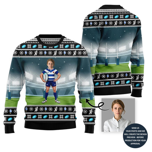 Custom Face Rugby Player Ugly Holiday Sweater