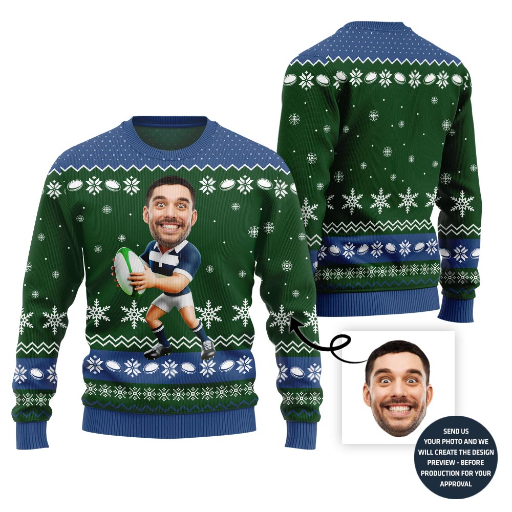 Custom Face Rugby Ugly Xmas Sweater