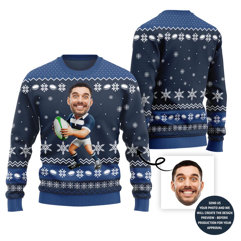 Custom Face Rugby Ugly Xmas Sweater