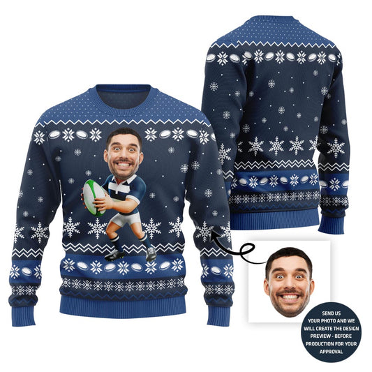 Custom Face Rugby Ugly Xmas Sweater