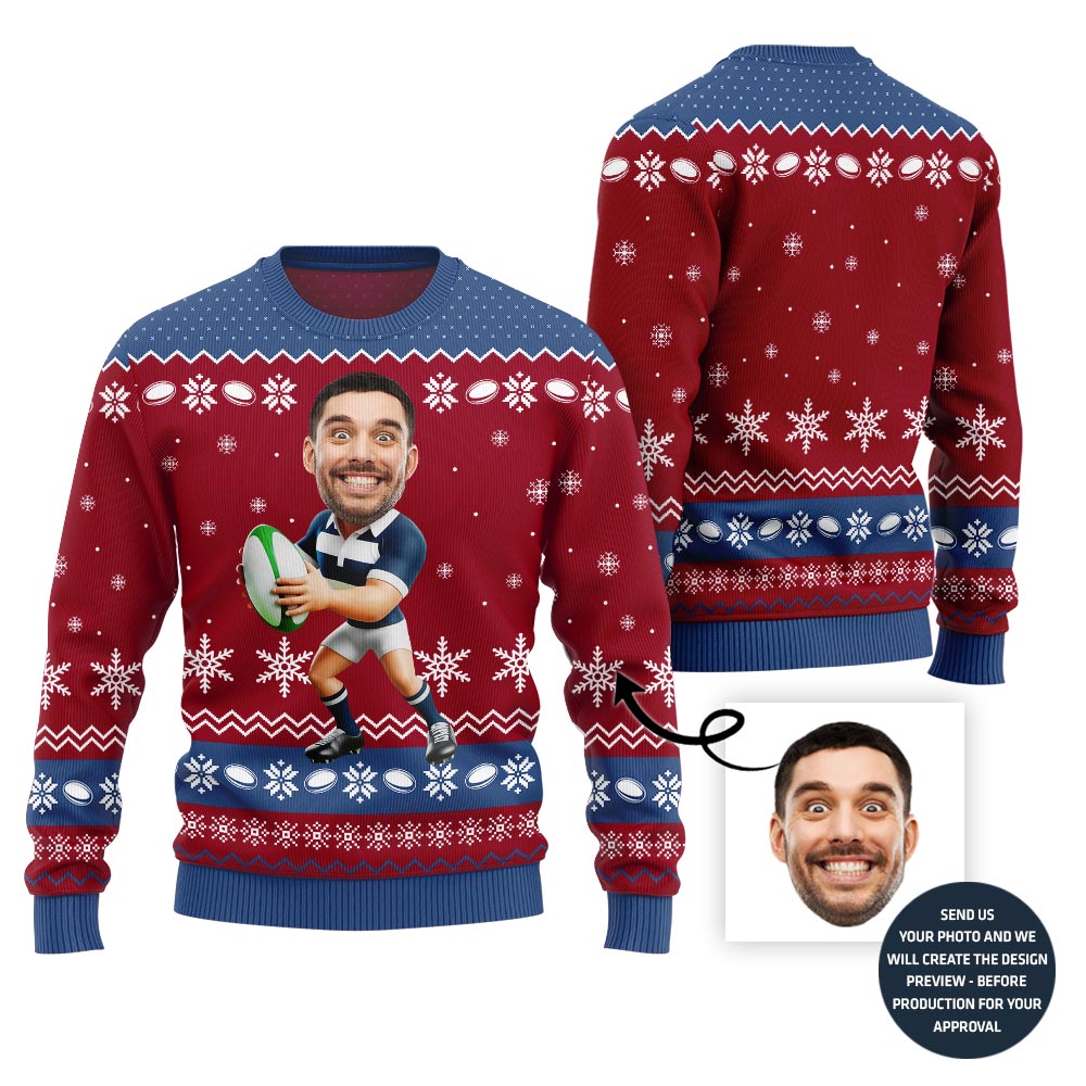 Custom Face Rugby Ugly Xmas Sweater