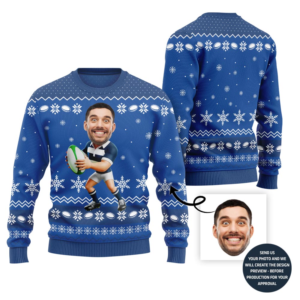 Custom Face Rugby Ugly Xmas Sweater