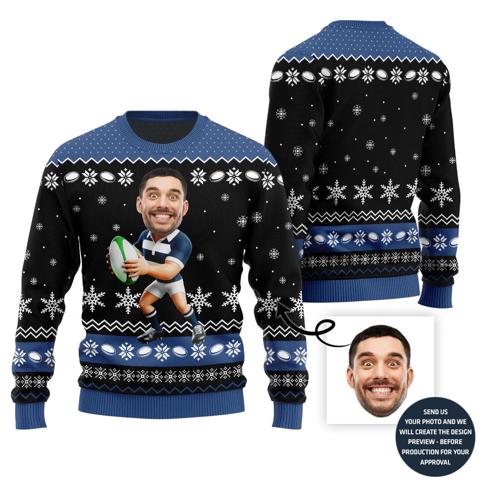 Custom Face Rugby Ugly Xmas Sweater