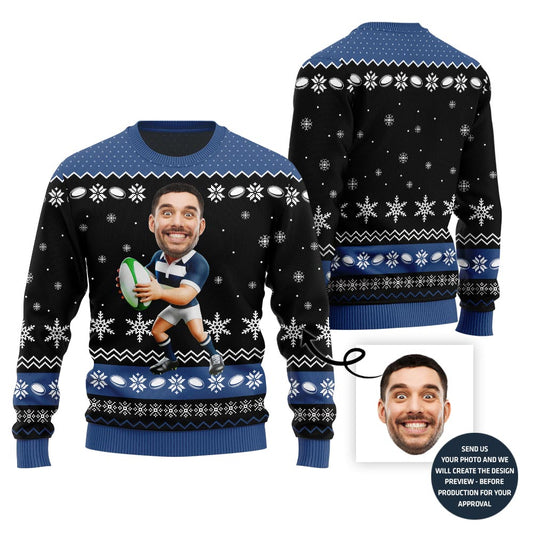 Custom Face Rugby Ugly Xmas Sweater