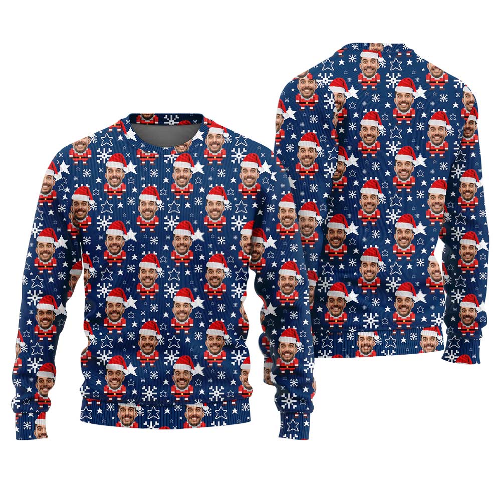 Custom Face Santa Claus Ugly Christmas Sweater Navy