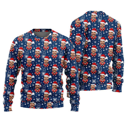Custom Face Santa Claus Ugly Christmas Sweater Navy
