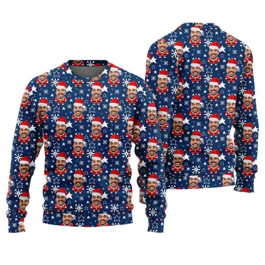 Custom Face Santa Claus Ugly Christmas Sweater Navy