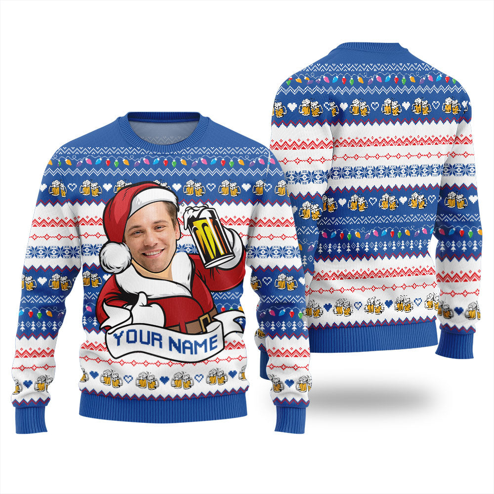 Custom Face Santa Drinking Beer Ugly Christmas Sweater Unisex