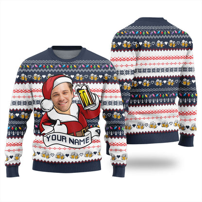 Custom Face Santa Drinking Beer Ugly Christmas Sweater Unisex