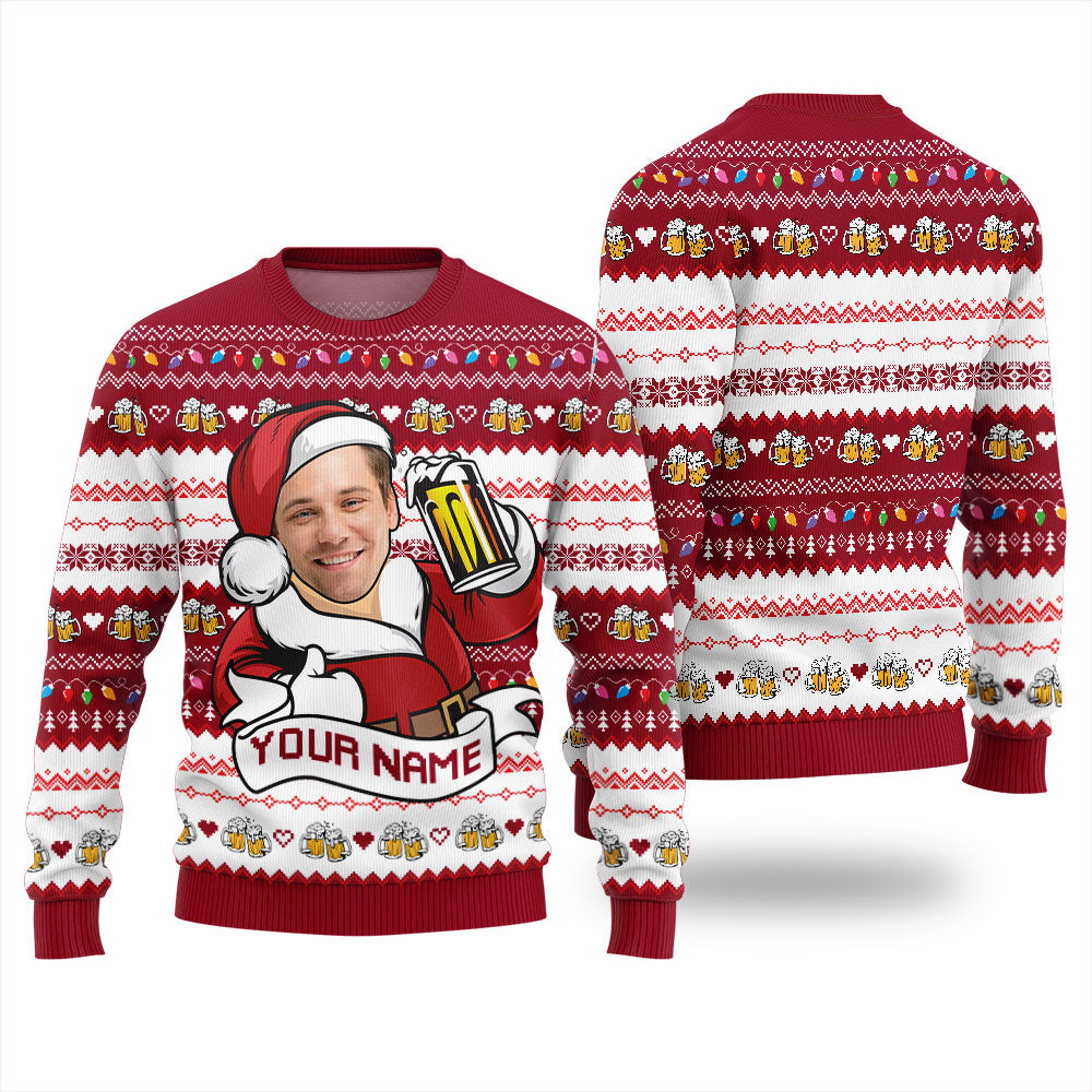 Custom Face Santa Drinking Beer Womens Ugly Christmas Sweater