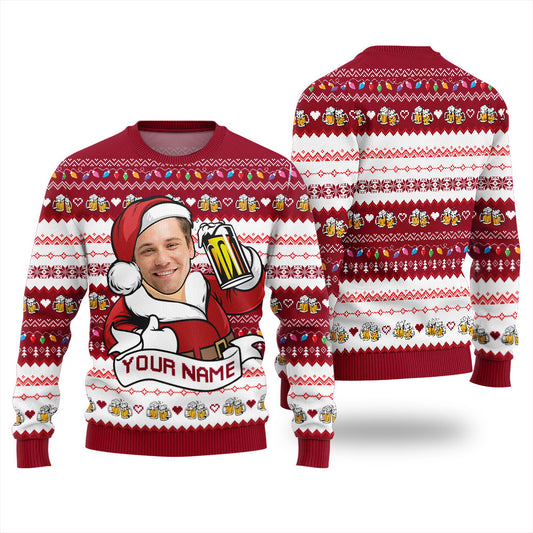 Custom Face Santa Drinking Beer Ugly Christmas Sweater Unisex