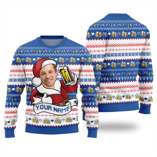 Custom Face Santa Drinking Beer Womens Ugly Christmas Sweater